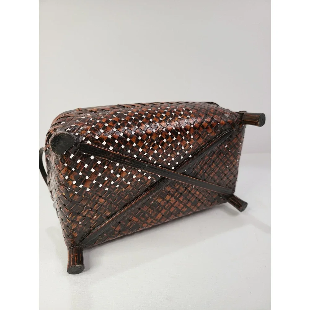 Vintage Woven Bamboo Footed Basket Dark Brown Rectangular Decorative Storage 9x5